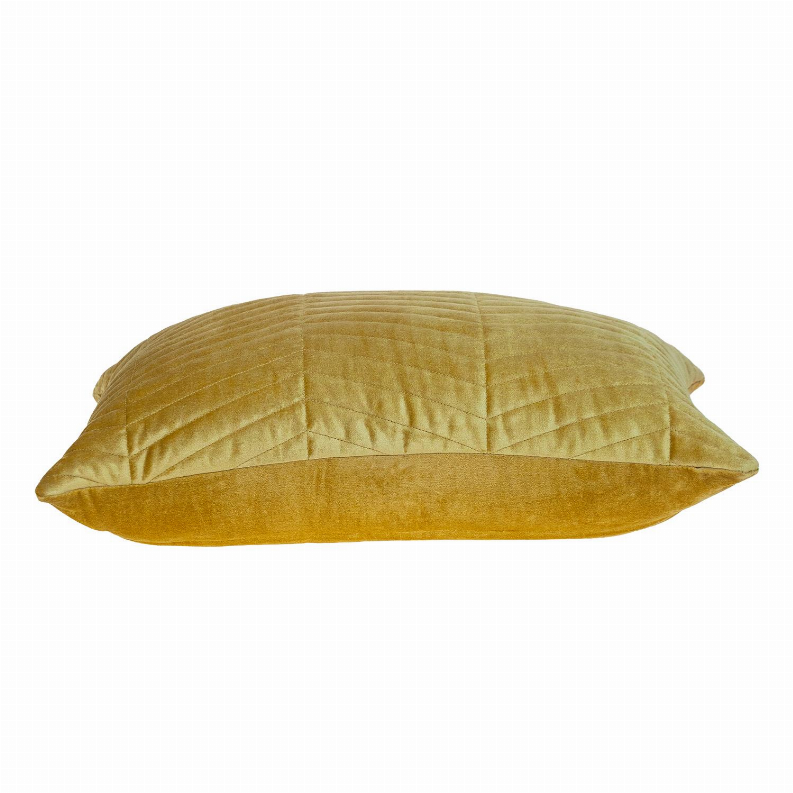 Yellow lumbar throw pillow with horizontal stitched channels and side profile