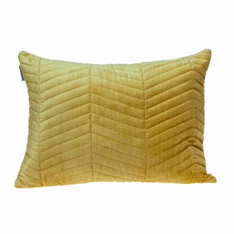 Yellow channel-quilted lumbar throw pillow with straight stitched seams