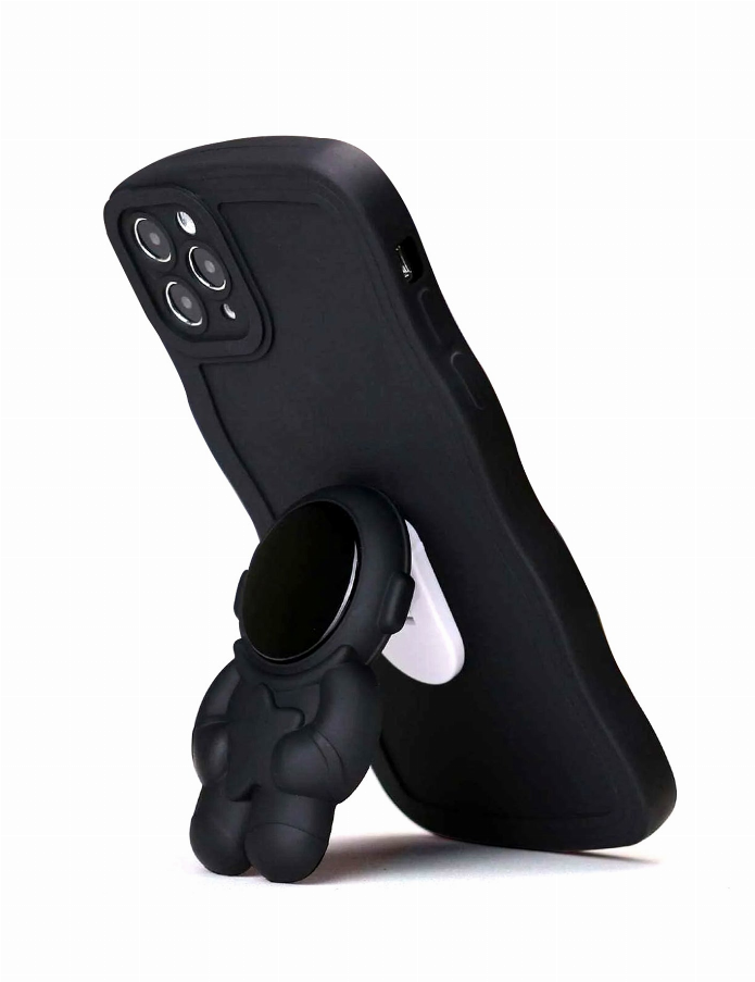 Dark textured phone case with astronaut stand grip and dual camera cutout