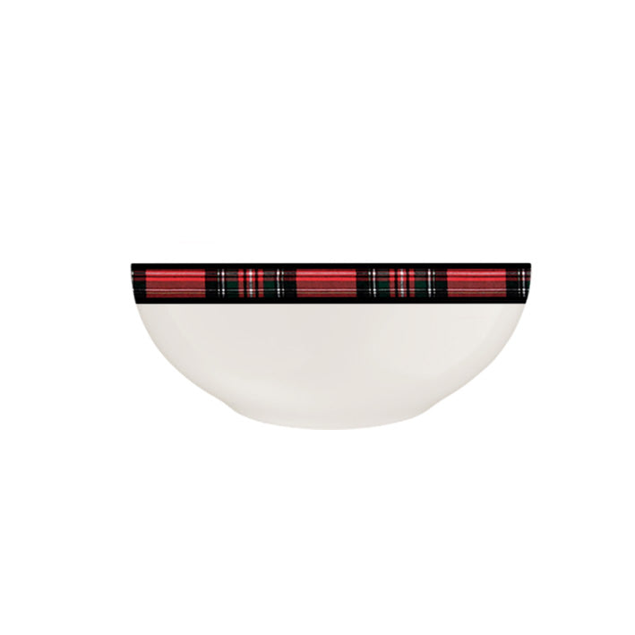 Porcelain plate with red and green plaid band along the rim