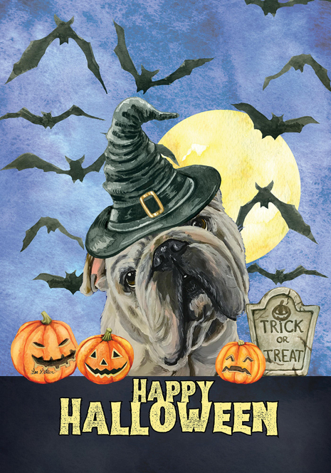 Happy Halloween Halloween house flag with cream-and-black dog in witch hat, pumpkins, and Trick or Treat