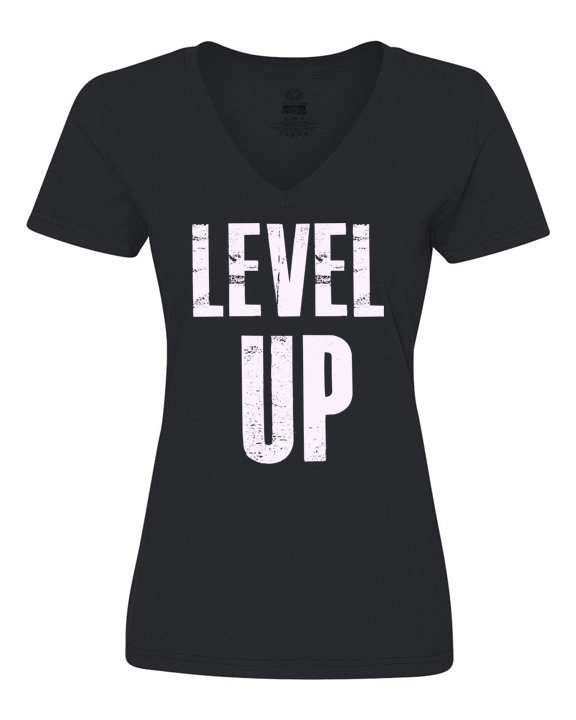 Black short-sleeve V-neck t-shirt with distressed white 'LEVEL UP' lettering