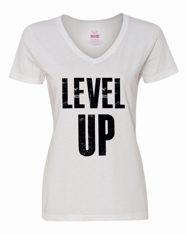 White V-neck T-shirt with 'LEVEL UP' distressed print and short sleeves