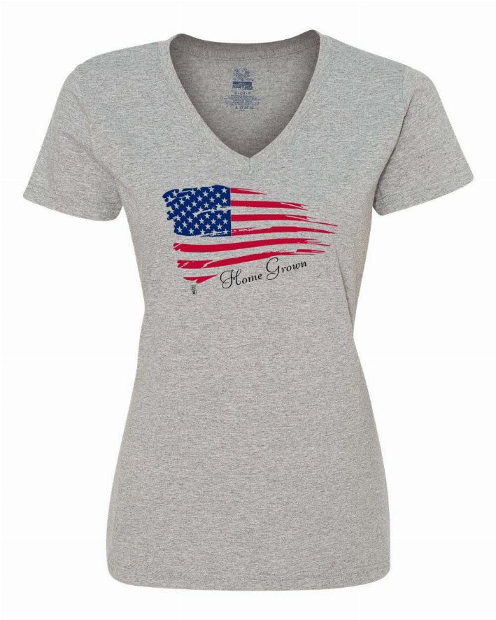 Grey ladies V-neck t-shirt with American flag graphic centered on chest