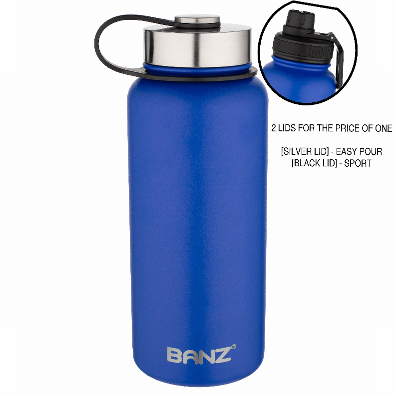 Blue insulated water bottle with stainless steel lid and black carry handle, BANZ logo