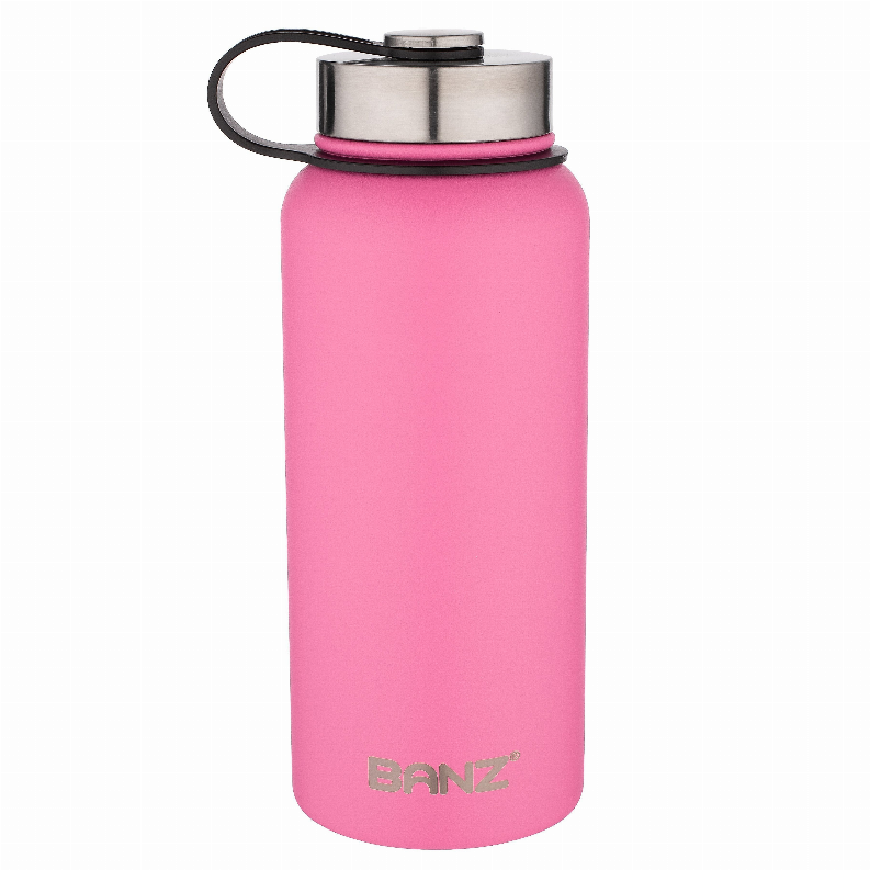 Pink insulated water bottle with stainless steel lid and black carry handle, BANZ logo