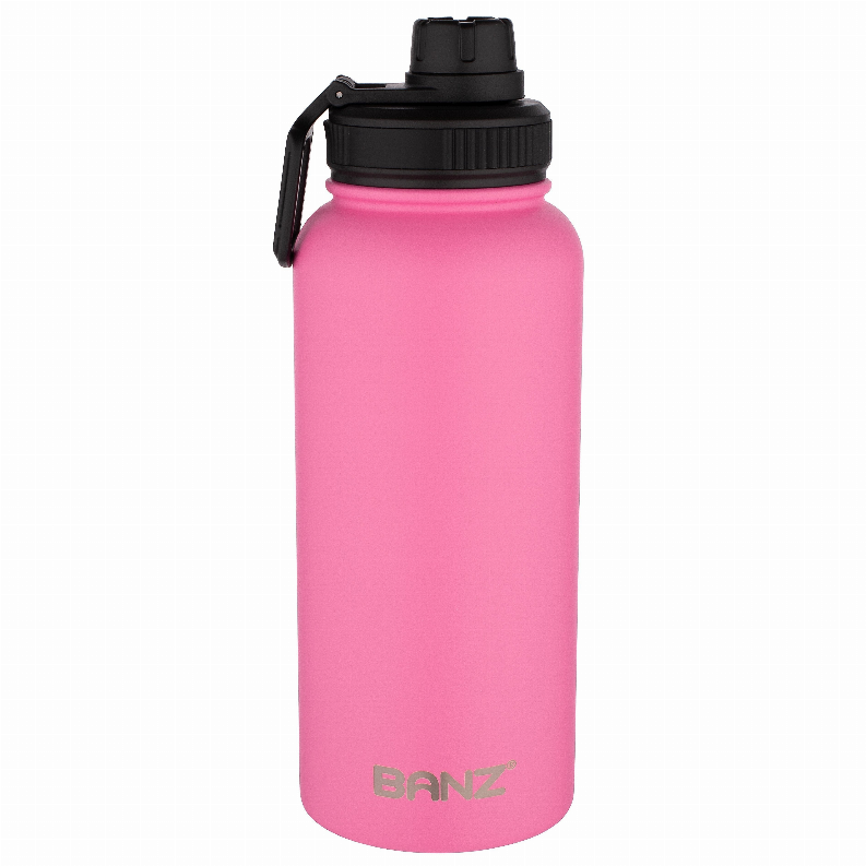 Pink insulated water bottle with black lid and carry handle, BANZ logo