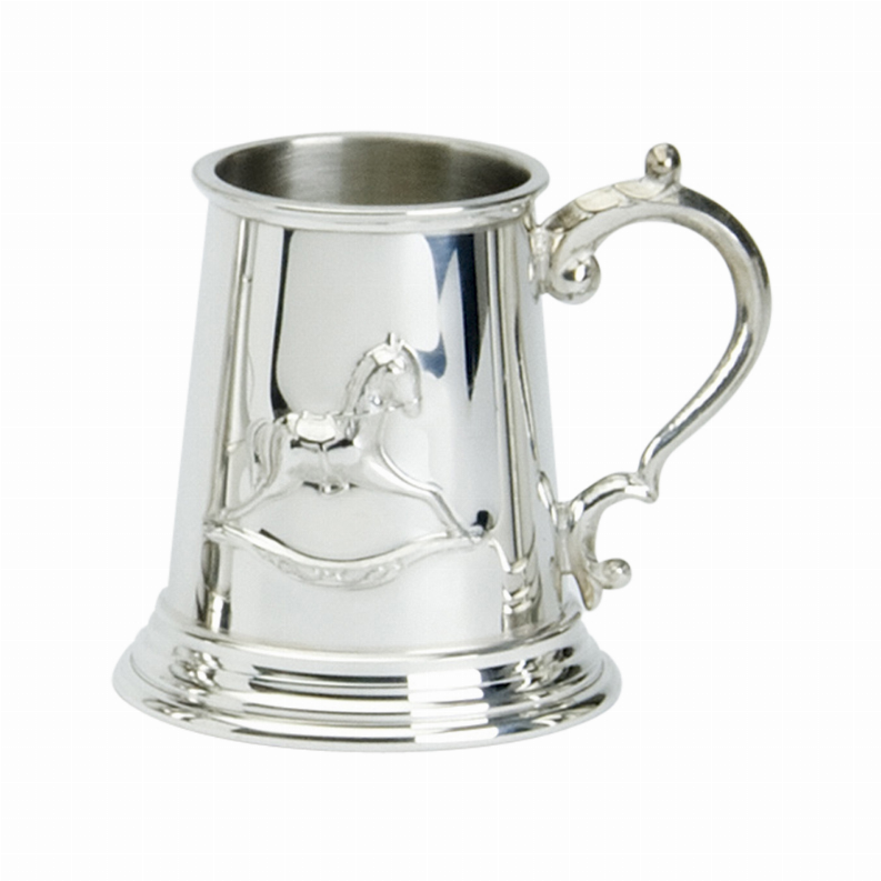 Pewter baby mug featuring a rocking horse design panel, curved handle, polished finish