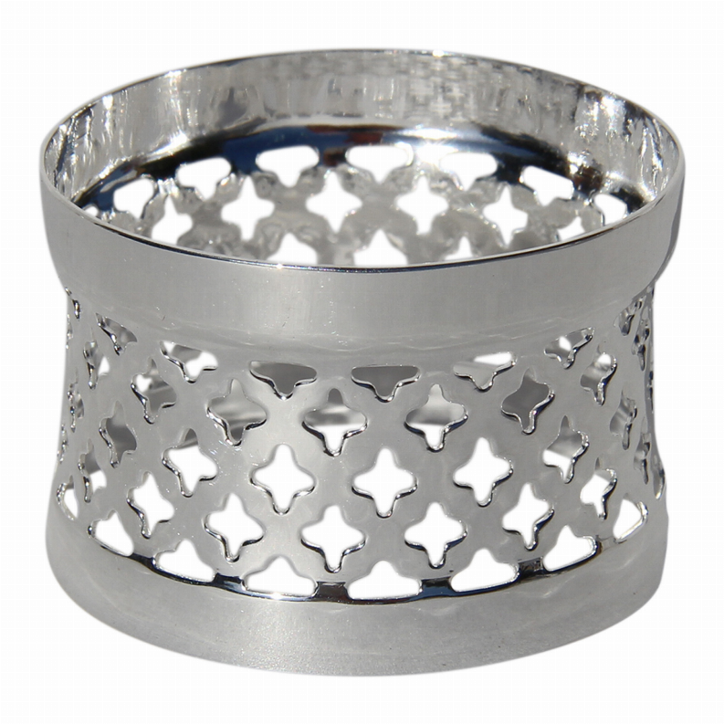 Silver-plated napkin ring with double diamond cutout pattern, shiny cylindrical design