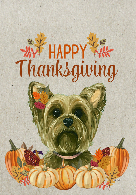 Garden flag with Yorkie portrait, Happy Thanksgiving text, pumpkins and autumn leaves