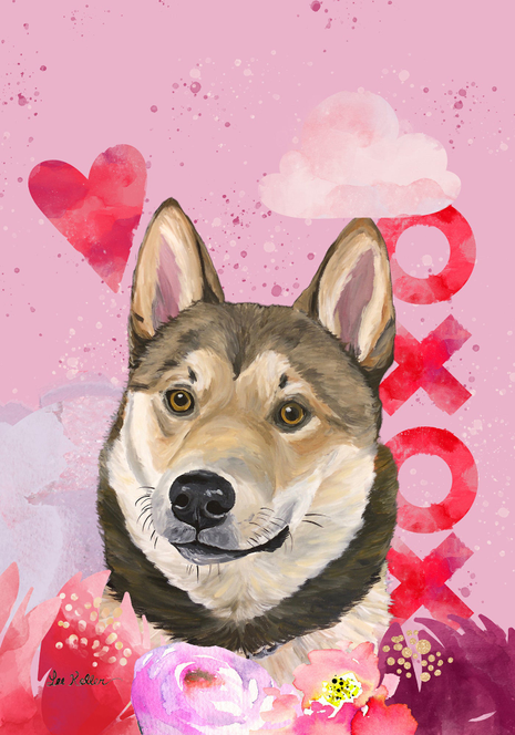 Valentine dog garden flag with Alaskan Malamute portrait, hearts and flowers