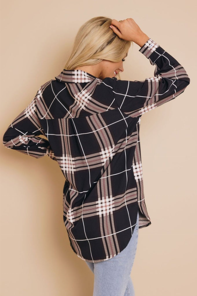 Plaid button-up shirt back view, dark navy with pink and white grid, long sleeves