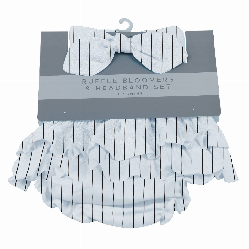Striped ruffle bloomers with matching bow headband set, vertical pinstripes, 0–6 months