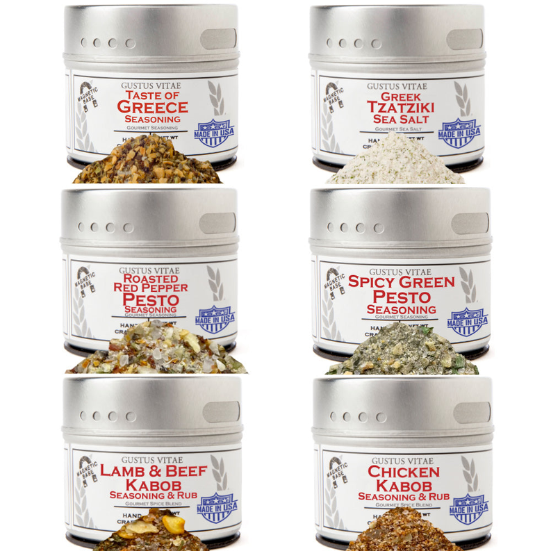 Six spice blend tins with colorful Greek labels, assorted flavors