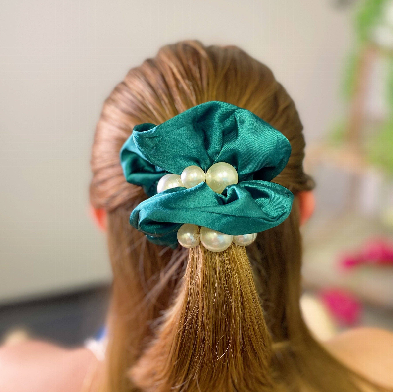 Teal satin scrunchies with faux pearl embellishment and heart center
