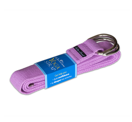 Purple yoga strap with fabric roll, metal D-ring, and blue instruction label