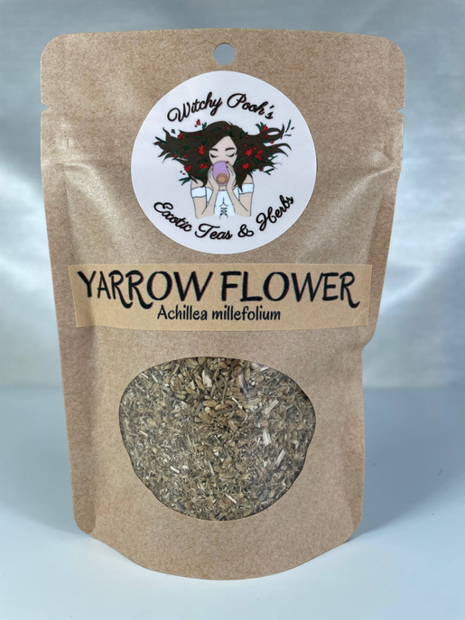 Dried yarrow flowers kraft pouch with front label and oval window of dried flakes