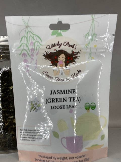 Jasmine green tea loose leaf pouch with Witchy Poch's branding and cup graphic