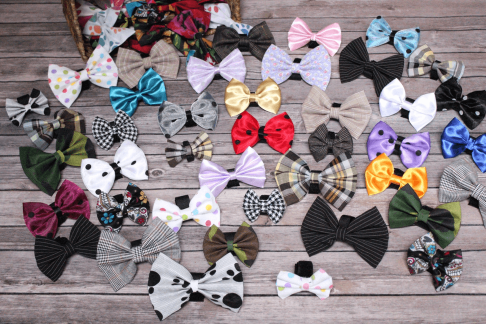 Pet bow tie assortment of colorful patterned fabric bows in varied styles