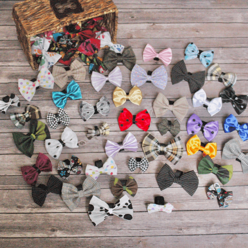 Pet bow tie bundle with mixed patterned bows, woven basket partially visible
