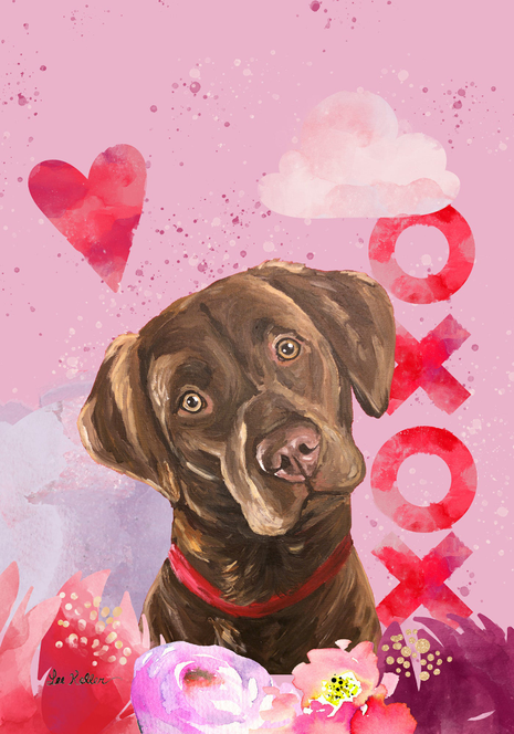 Decorative house flag with brown Labrador head and red hearts Valentine design