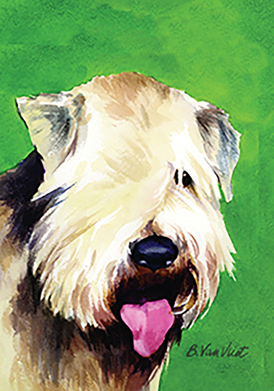 Wheaten terrier outdoor portrait flag with cream dog head and pink tongue out