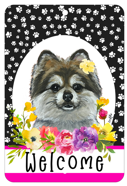 Pomeranian welcome aluminum sign with paw prints, dog portrait and colorful flowers