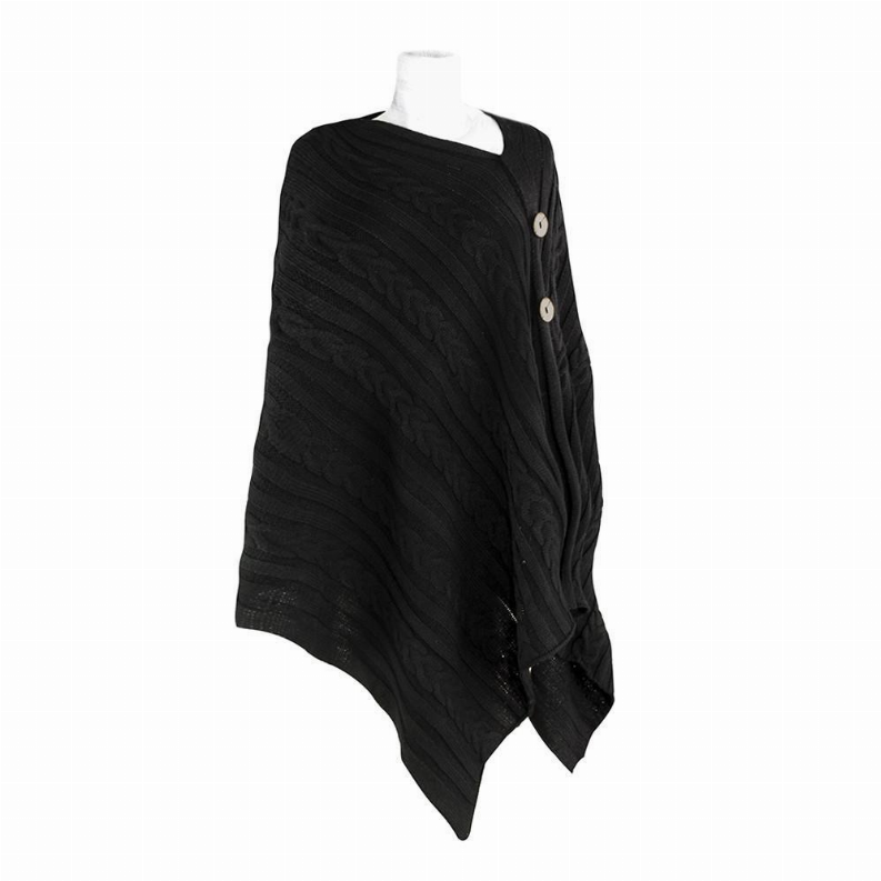 Black knitted shawl with diagonal knit pattern and button front