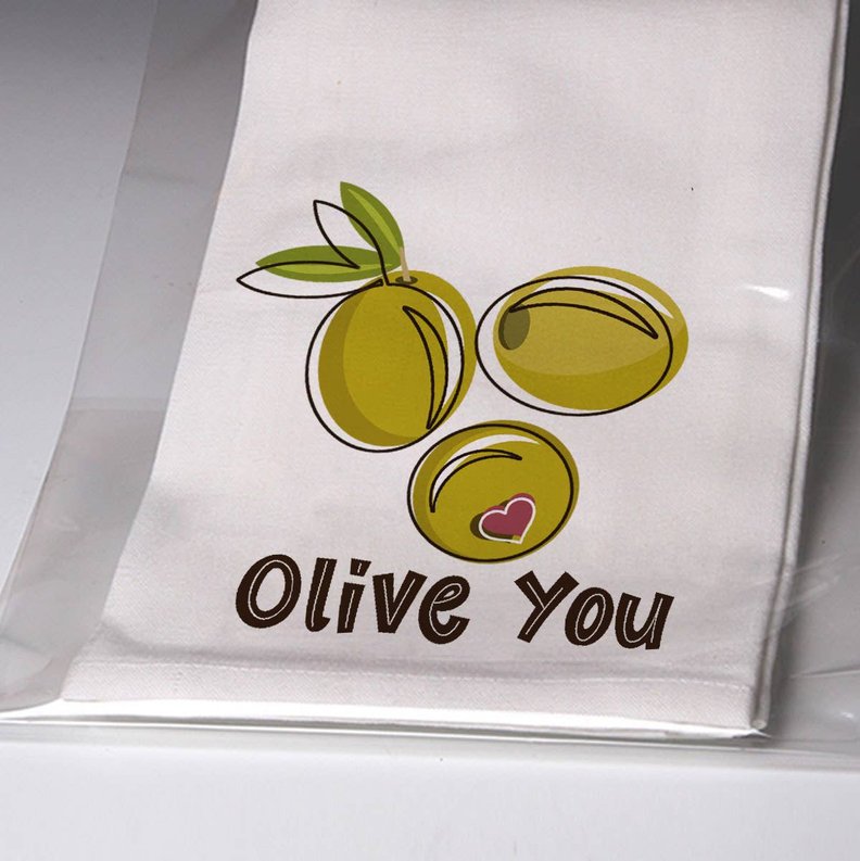 Olive You! towel with cartoon olives and hearts print on white fabric