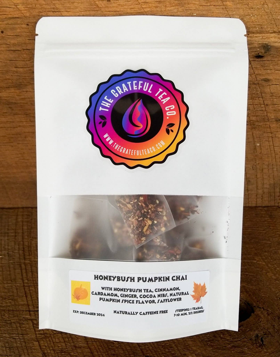Honeybush pumpkin chai tea sachet pouch with flavor text and logo