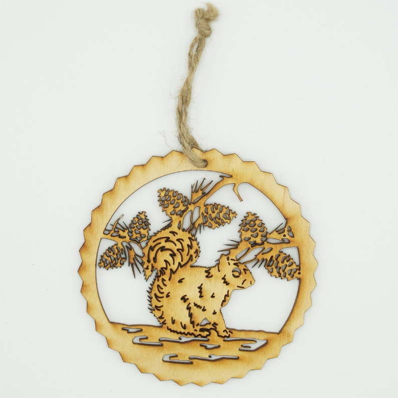 Wood squirrel tree ornament in unfinished style, circular cutout with pinecone details.