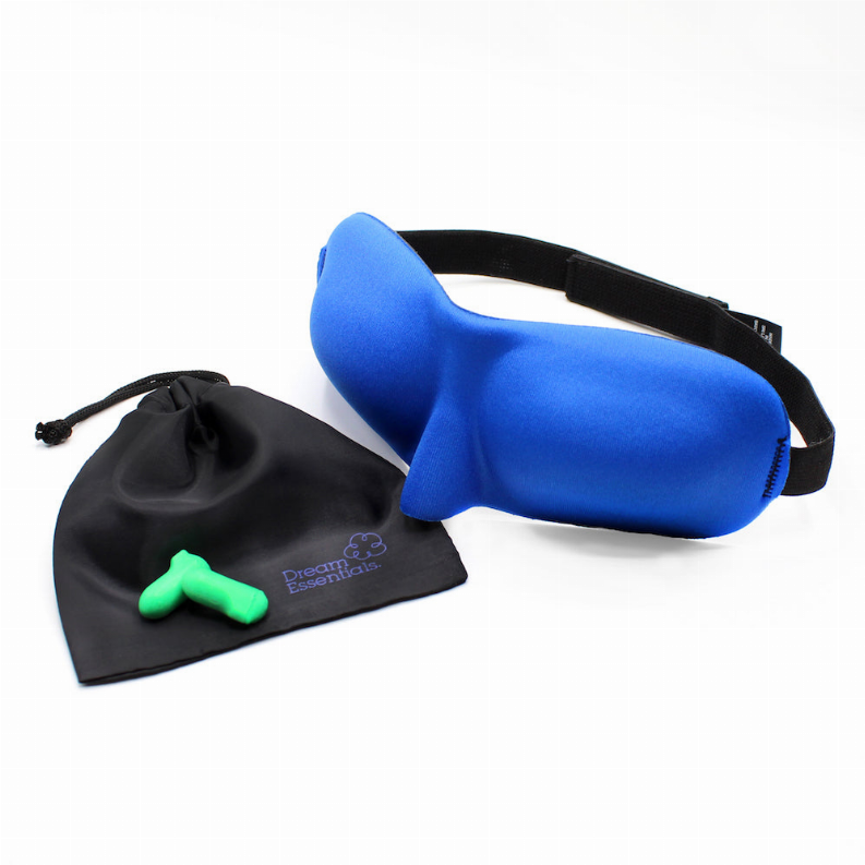 Blue sleep mask with black strap, plus black pouch and green earplugs