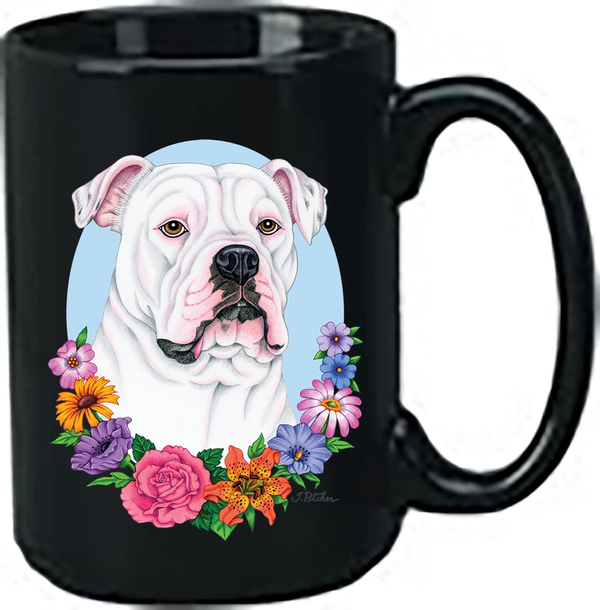Black ceramic 15oz coffee mug with American bulldog face and colorful flowers graphic