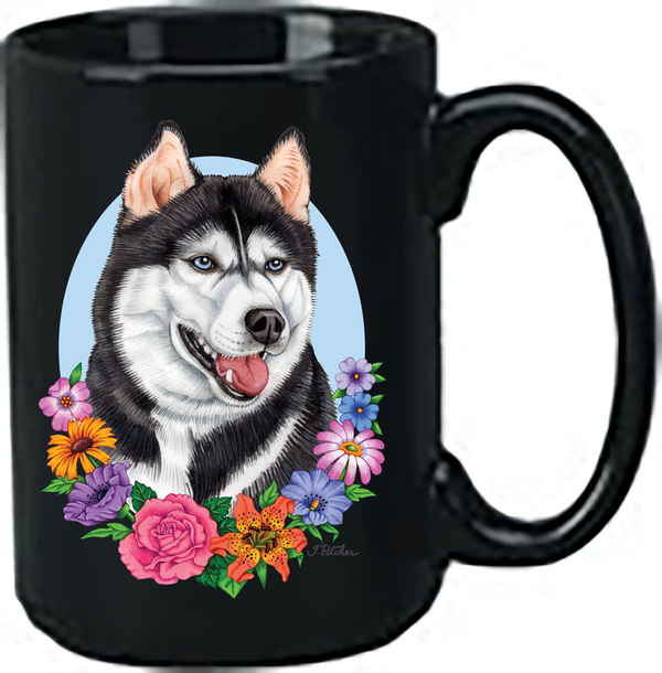 Black ceramic coffee mug with Siberian husky face and colorful floral artwork
