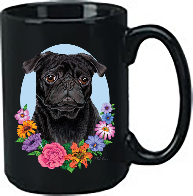 Black ceramic coffee mug with pug face and colorful floral wreath graphic