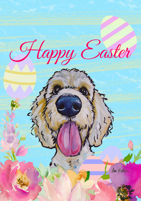 Easter garden flag by Hippie Hound Studios with Happy Easter text, goldendoodle and colorful eggs
