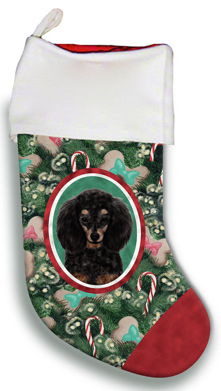 Poodle Christmas stocking: white cuff, black-and-tan poodle oval, green print, red toe