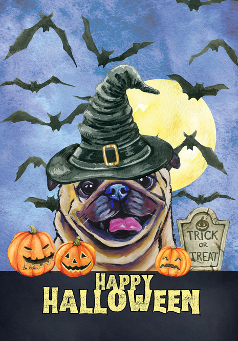 Halloween house flag with pug in witch hat, bats, moon, pumpkins, and "Happy Halloween" text