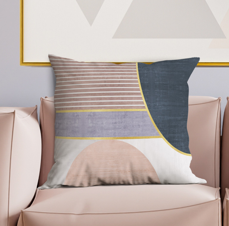 Multi-color decorative pillow with gray stripes, dark blue panel, and yellow trim