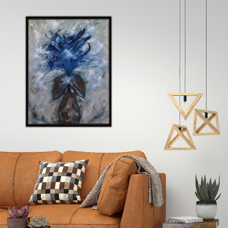 Framed orchid wall art print in blue and white abstract style, black border