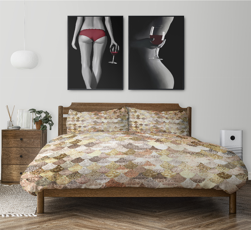 Multicolor scallop-pattern comforter set on bed with two matching pillow shams