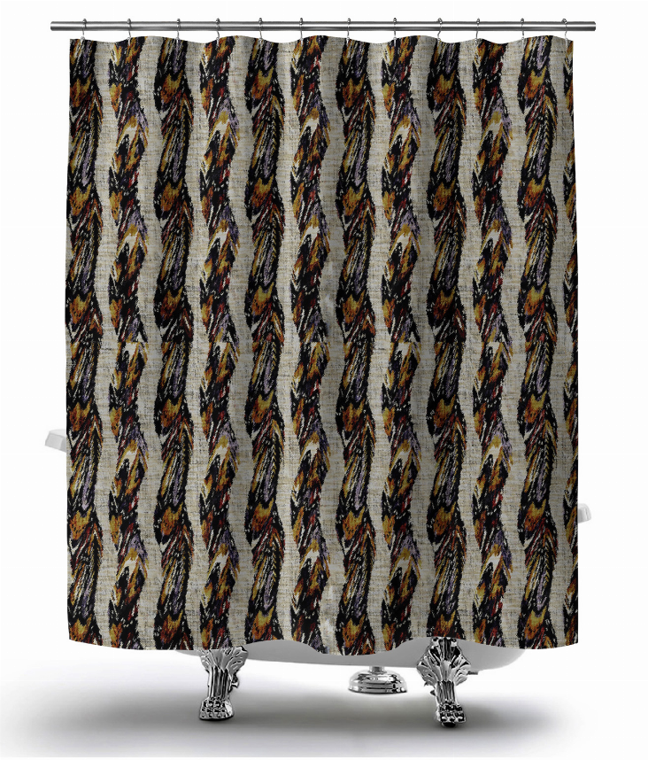 Shower curtain with repeating multicolor abstract arrow pattern, metal grommet header