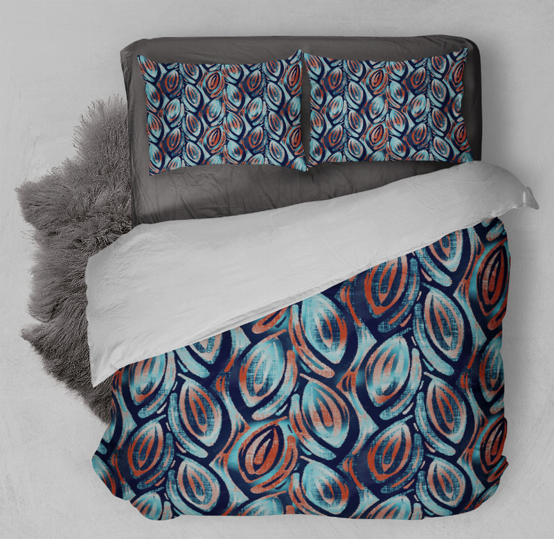 Multi-color patterned duvet cover set with duvet and two pillow shams, blue and orange