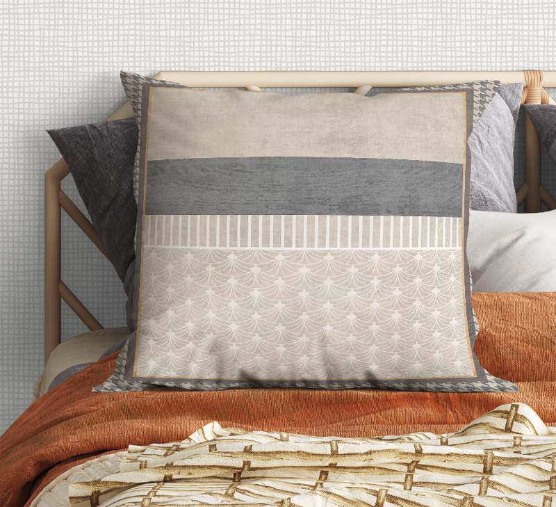 Square throw pillow in gray-and-white with geometric fan pattern and dark edge trim