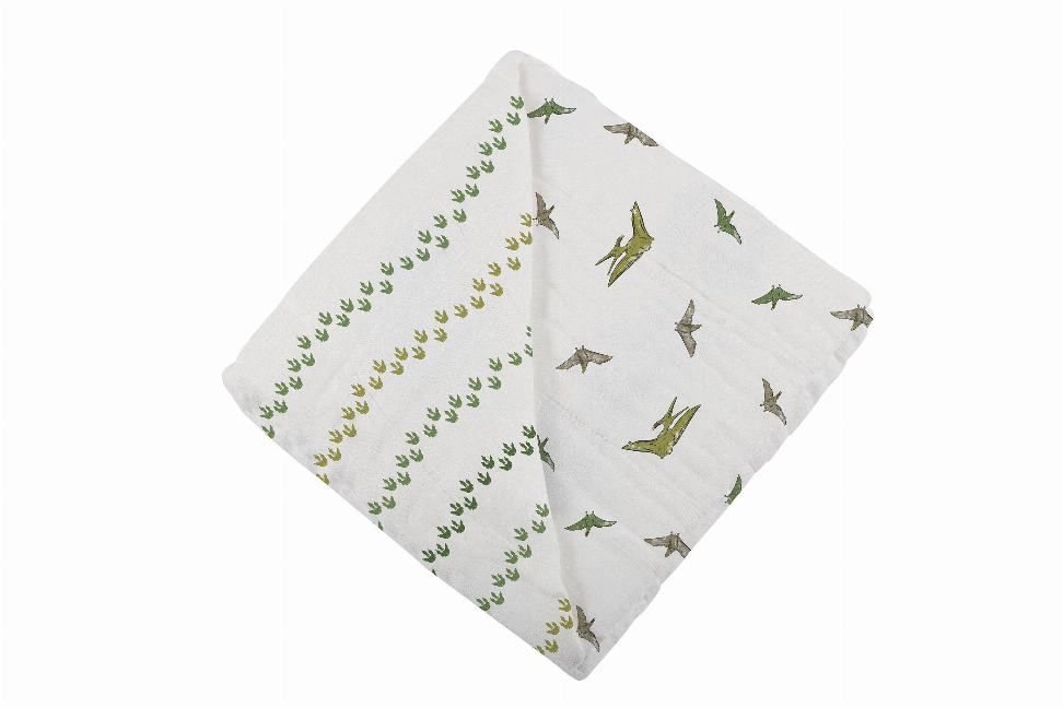 Light gray dinosaur blanket with green and olive dino footprint and pteranodon print