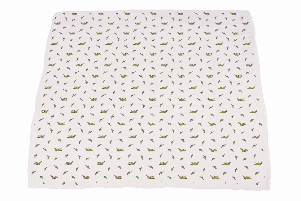 Light gray dinosaur blanket with all-over green dino print, folded flat