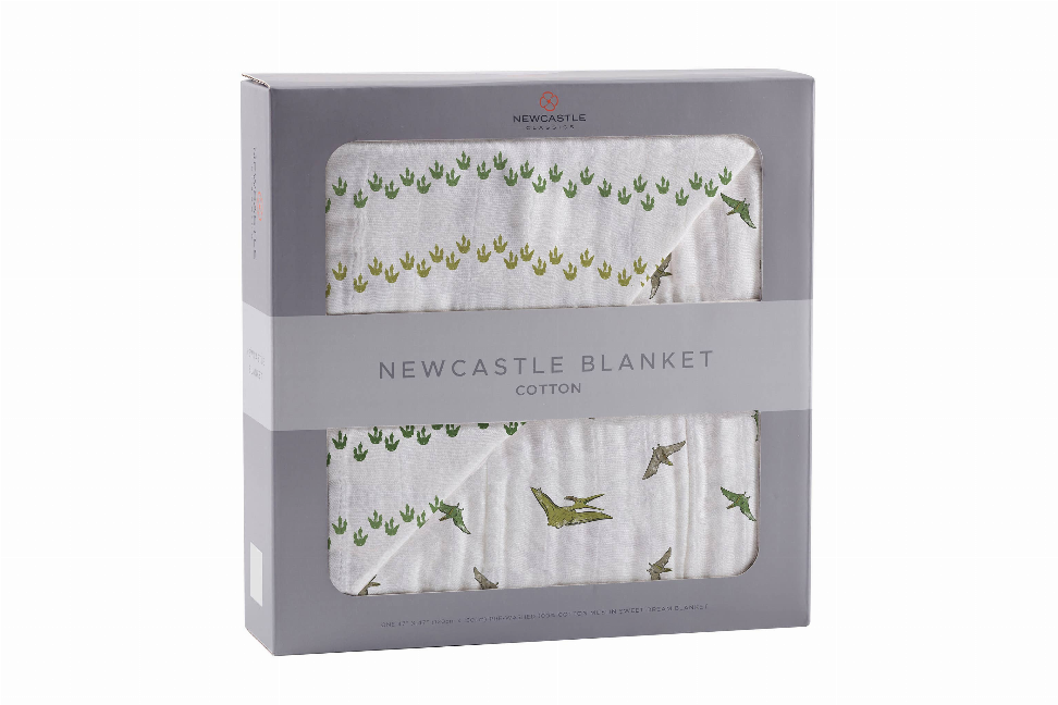 Gray cotton dinosaur blanket in gift box, folded with trail and flying dino prints