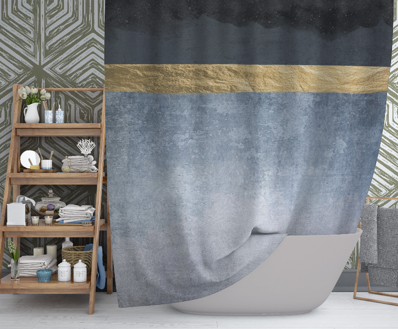 Blue and gold abstract shower curtain with dark upper band and curved hanging hem