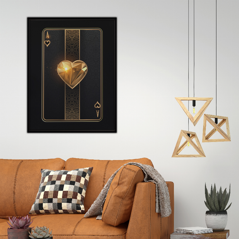 Framed art print with gold heart centerpiece and playing-card ace symbols, black background