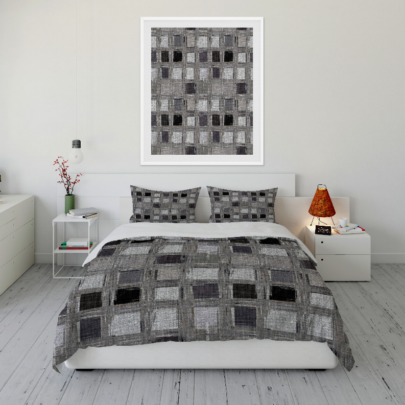 Gray and black check-pattern duvet cover set with matching pillow shams